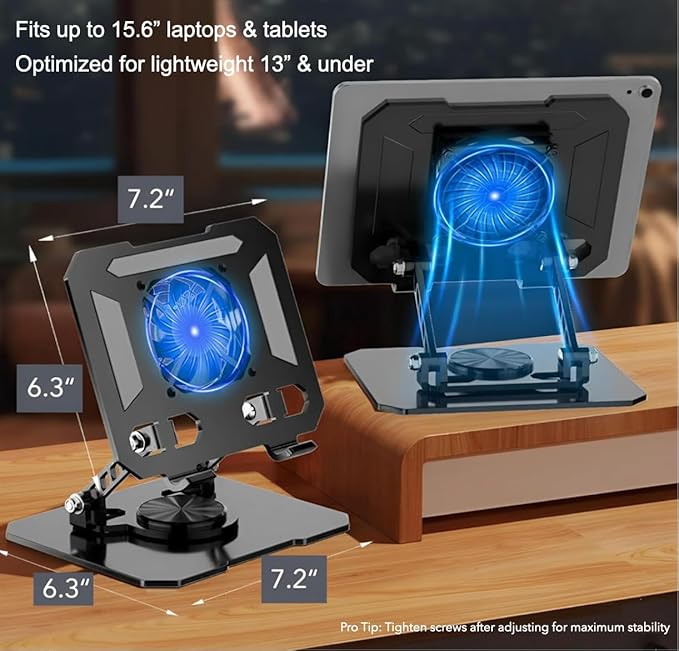 Black Laptop Cooling Stand with Turbo Fan, Adjustable Height & Angle, 360° Rotating Aluminum Notebook Riser for Up to 15.6” Laptops & Tablets (Best for 13” Lightweight Devices)