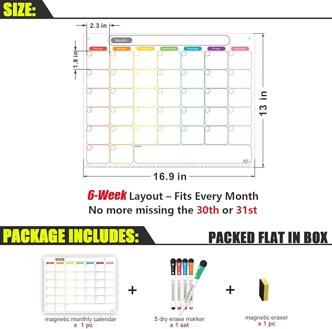 Mag-Fancy Dry Erase Calendar Kit- Magnetic Calendar for Refrigerator - Monthly Fridge Calendar Whiteboard with Extra-Thick Magnet Included Fine Point Marker & Eraser & Adhesive Mounts for Wall Hanging