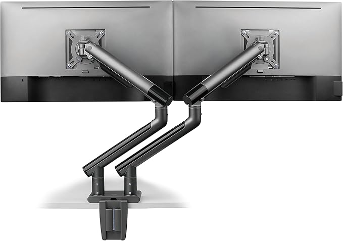 POUT E12 Dual Monitor Arm Mount Stand – Adjustable Full Motion Desk Mount for 17’’-32’’ Screens, Supports 4-22lbs per Arm, VESA 75x75mm & 100x100mm (Grey/Black)