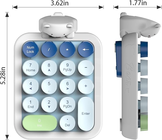 MOFII Cute Colorful Wireless Number Pad with Silicone Cover & Cute Bear Ornament, 2.4GHz Stable Wireless, Financial Accounting Extension (Blue Colorful)
