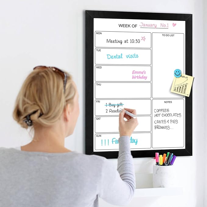 Weekly Dry Erase Whiteboard Calendar, 22.8"x16.9" Magnetic Surface Memo Board, Minimal Design Weekly Planner for Wall, Black Wood Frame Dry Erase Board for Office School Home(ZLBB-S-BK-4358)