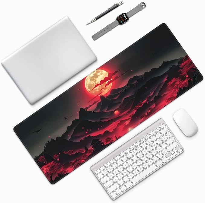 Extended Gaming Mouse Pad, Large Desk Mat XL Anime Mouse Pad Waterproof with Stitched Edges, Non-Slip Desktop Pad for Home and Office, Level Up Your 31.5x11.8 Inch (Darkness Red Moon3)