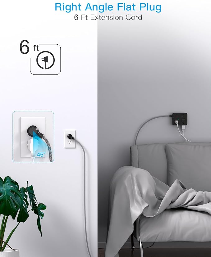 Extension Cord 6 Ft, HANYCONY Surge Protector Power Strip Long Cord 8 Outlets 4 USB Ports(2 USB C), Wall Mount, 1080J Surge Protection, Desk Charging Station for for Home Office Dorm Room Essentials