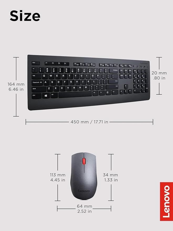 Lenovo Professional Wireless Keyboard and Mouse Combo, 2.4 GHz USB Wireless Receiver, Full Size Ambidextrous Mouse, 24 Month Battery Life, Black