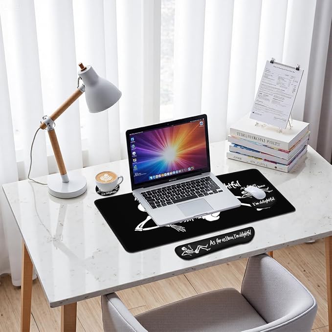 Skeleton Humor Mouse Pad Set Funny Wine Drinking Gothic Quote Art Gaming Mousepad 4in1 Desk Mat for Desktop Anti-Slip XXL Big Computer Ergonomic Mousepad with Wrist Support for Keyboard and Mouse