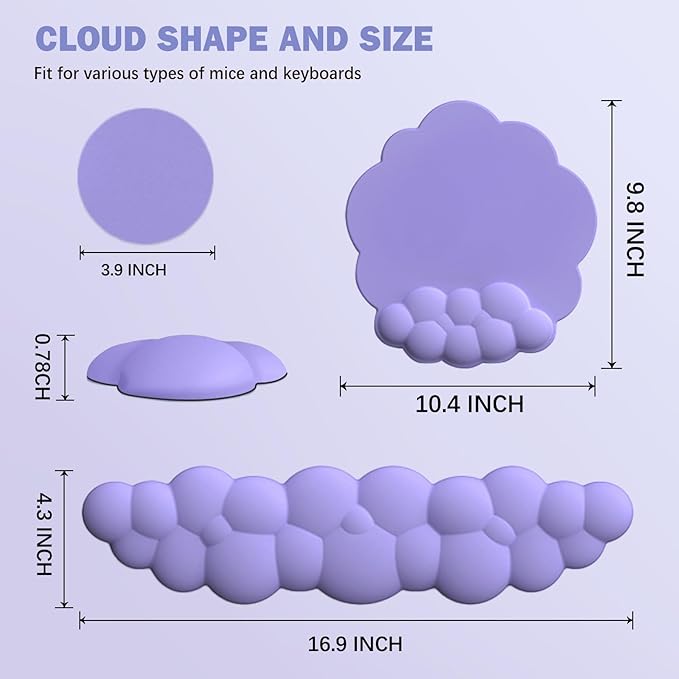 Cloud Keyboard Wrist Rest and Mouse Pad with Wrist Support Set, Ergonomic PU Leather Mousepad, Pain Relief Memory Foam Non-Slip for Computer,Laptop,Lavender Purple
