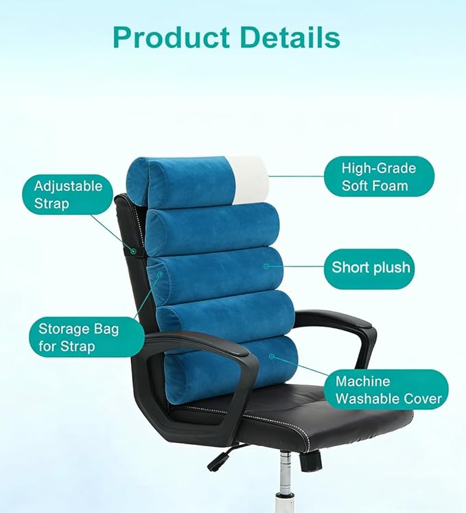 Ergonomic Lumbar Support Pillow for High Back Office Chair - Adjustable 6 Semicircular Back Cushion,Backrest for Desk/Gaming Chairs,Neck/Upper/Lower Back Pain Relief (Blue Short Velvet)