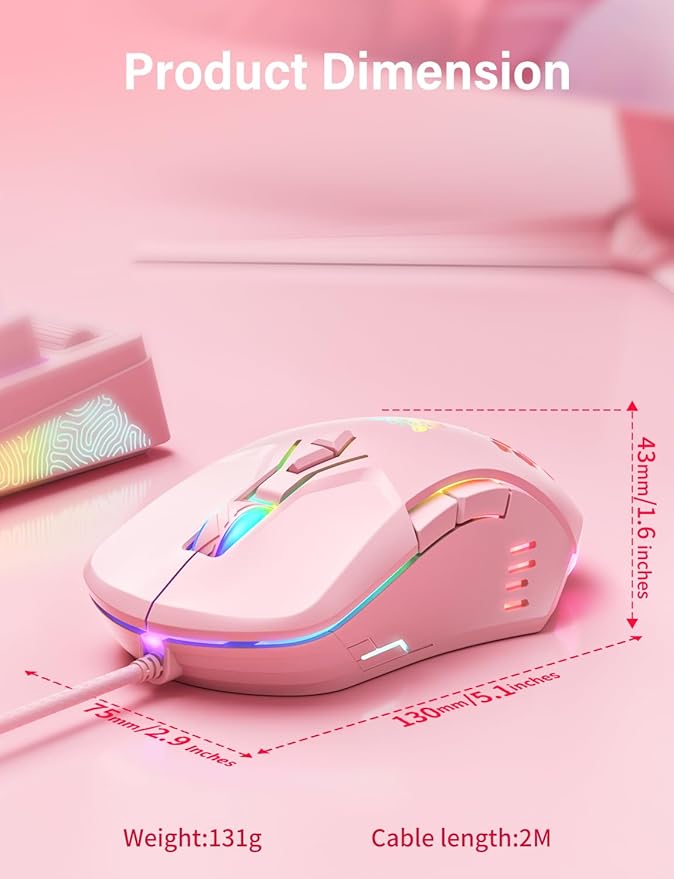 Wired USB Mouse, Computer Mouse with RGB Lighting, 4 Adjustable DPI, Ergonomic Optical Office Mouse, 7 Buttons Corded Mice for Window/PC/Laptop/Desktop/Mac/Chromebook, Pink