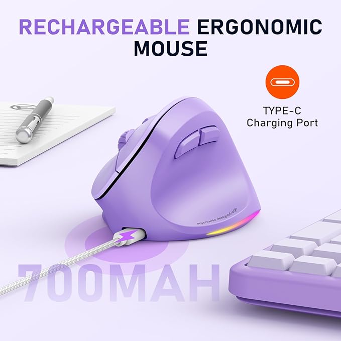 MEETION Ergonomic Mouse, Wireless Vertical Mouse RGB Backlit, Rechargeable Mice for Bluetooth(5.2+3.0) & USB-A with USB-C Adapter, 4 Adjustable DPI Compatible Mac/Windows/Andriod/PC/Tablet/iPad Purple
