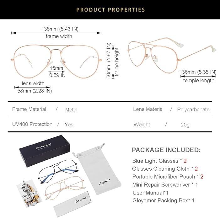 Gleyemor Blue Light Aviator Glasses for Women Men, Metal Frame Anti Blue Light Lens Computer Glasses