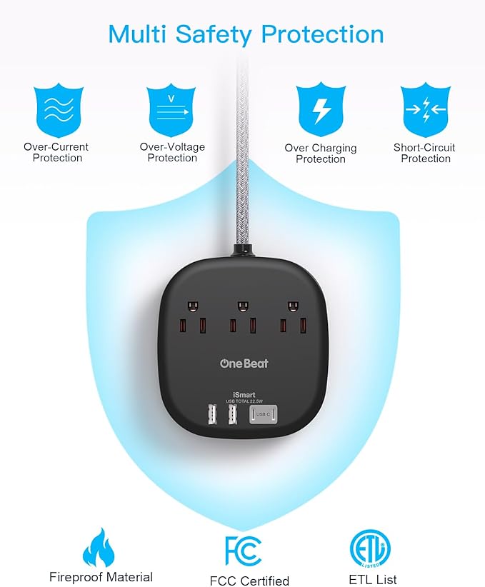 Flat Plug Power Strip, Flat Extension Cord 3 Ft, 3 Outlets 4 USB Ports (2 USBC) 22.5W/4.5A Desktop Charging Station, Power Strip No Surge Protection for Cruise Ship, Dorm Room Travel Essentials, Black