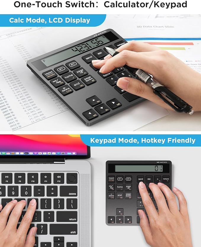 HoRiMe Number Pad for Laptop - Rechargeable Wireless Number Keypad 34 Keys with Dual Bluetooth, 2 in 1 Numeric Keypad Calculator with Display - Portable Slim Numpad for Windows, Mac, iMac, PC, Tablet