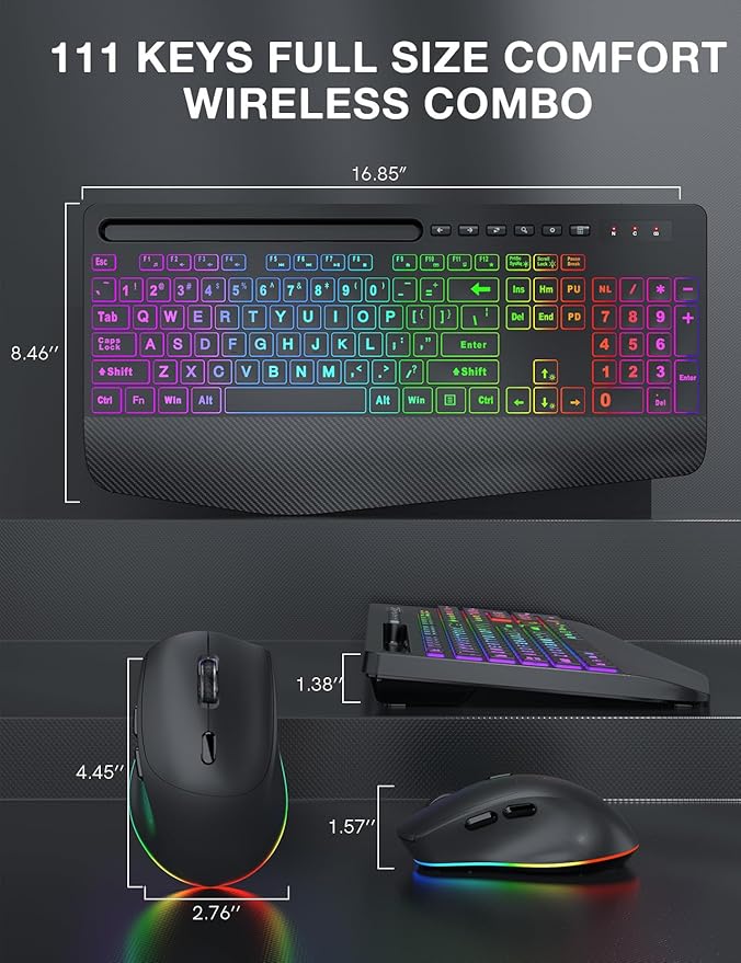 SABLUTE Wireless Keyboard and Mouse Combo, 9 Backlit Effects, Large Print, Wrist Rest, Phone Holder, 2.4G Lag-Free Ergonomic Keyboards, KM22 MAX Rechargeable Easy to See Set for Computer, Laptop, PC