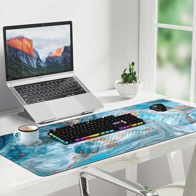 Desk Mat for Keyboard and Mouse, Large Mouse Pad with Wrist Rest and Keyboard Pad, 4PCS Carpal Tunnel Keyboard Wrist Support, Computer Mousepad for Laptop, Teal Blue Turquoise Marble