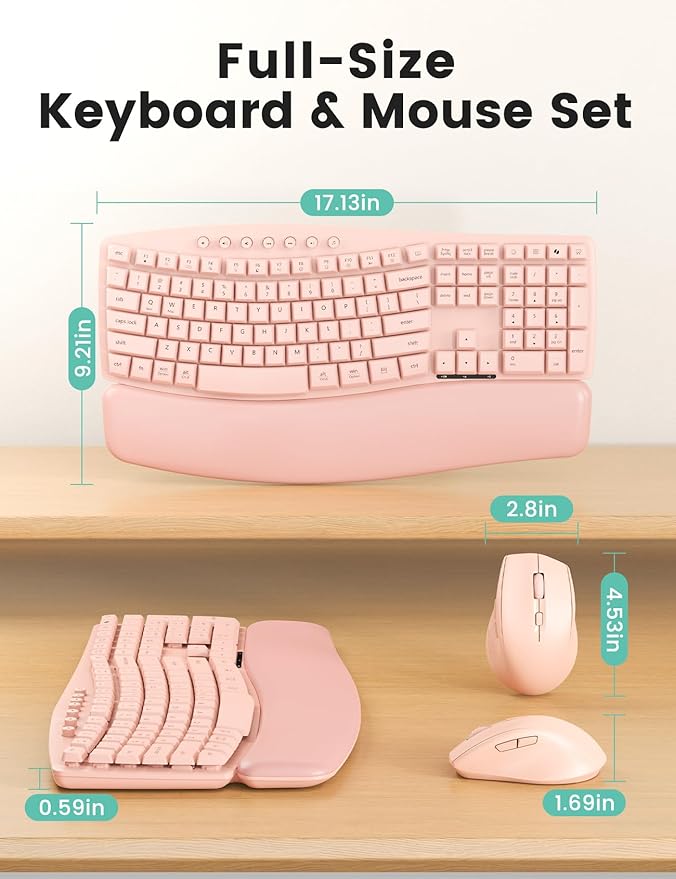 Pink Wireless Keyboard and Mouse Combo, 30dB Quiet Ergonomic Wave Keyboard Set with Soft Leather Palm Rest, Dual-System Switch for Windows/Mac, Ideal for Business Teams Home Office - SABLUTE MA41