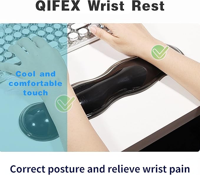 Transparent Light Green Ergonomic Wrist Rest Set - Clear Silicone Gel Keyboard & Mouse Pad with Non-Slip Base, 14.3"+5.75" Dual-Size for Office, Gaming & Study, Washable Pain Relief Design