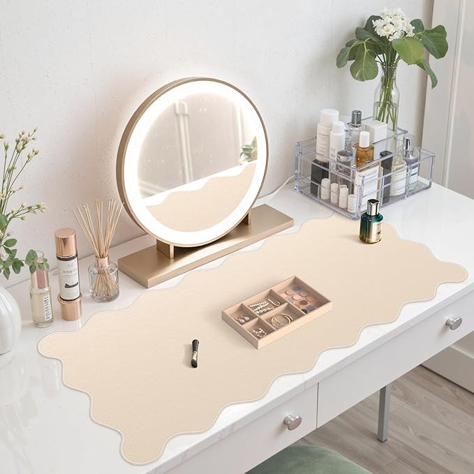 iCasso Leather Mouse Pad,Extra Large Desk Pad,Cute Scalloped Computer Mat for Desktop,Non-Slip Nail Mats with Stitched Edges,Waterproof PU Desk Protector Pad for Office Home Dorm