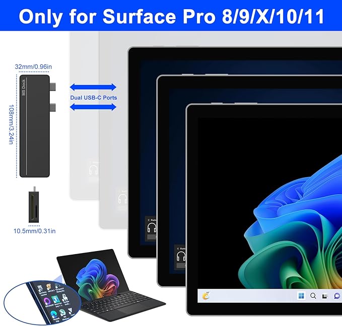 Surface Pro 8/9/X/10 Dongle - Surface Pro 9 Adapter with 4K HDMI, Thunderbolt 4 (8K@30Hz Video+40G Data+100W PD), USB 3.0, SD/TF Reader, 3.5mm Audio Surface Pro 9 Docking Station Hub