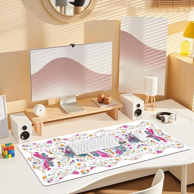 Desk Mat for Keyboard and Mouse, Large Non-Slip Mouse Pad Keyboard Pad, Computer Mats for Desktop, Cute Desk Pad with Stitched Edges for Office, Gaming I Pure White Vibrant Florals