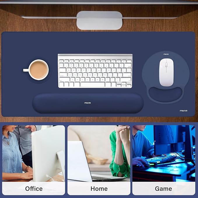 MOSISO Wrist Rest for Keyboard Mouse Pad Set, Large Gaming Deskpad&Circle Curved Mousepad&Keyboard Wrist Rest&Coaster, Ergonomic Non-Slip Mousepad&Easy Typing Pad with Silicone Lining, Navy Blue