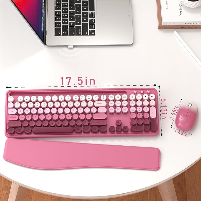 Colorful Wireless Computer Keyboard and Mouse Combo with Phone Holder, Wrist Rest, Typewriter Keys, 2.4GHz Wireless, Full-Sized Optical Mouse for PC and Laptop(Rose-Red Colorful)