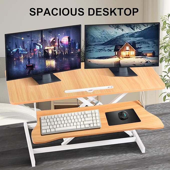 38-Inch Height Adjustable Standing Desk Converter, Duals Monitor & Laptop Riser with Wide Keyboard Tray, Sit to Stand Ergonomic Workstation for Home Office, School, Business, Log Color