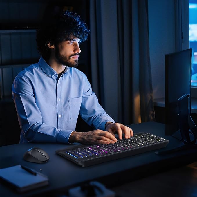 Wireless Keyboard and Mouse Combo, Ergonomic Wave, 9 RGB Backlit Effects, Leather Wrist Rest, Rechargeable 2.4G Silent Set for Computer/Windows/Mac, Black