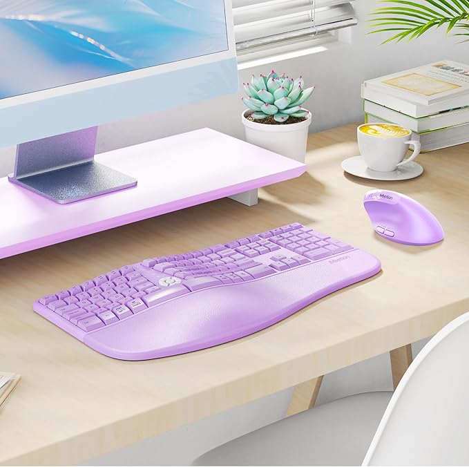 MEETION Ergonomic Keyboard and Mouse Combo, 2.4G Cordless Split Keyboard with Cushioned Palm Rest, Vertical Wireless Mousefor Windows/Mac Purple