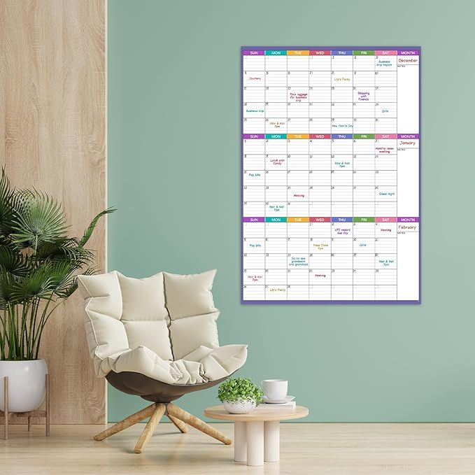 Large Dry Erase Calendar For Wall - Undated 3 Month Calendar, 28'' x 40'', Erasable & Reusable Laminated White Board With 8 Round Stickers, Vertical Layout for Office, Classroom and Home