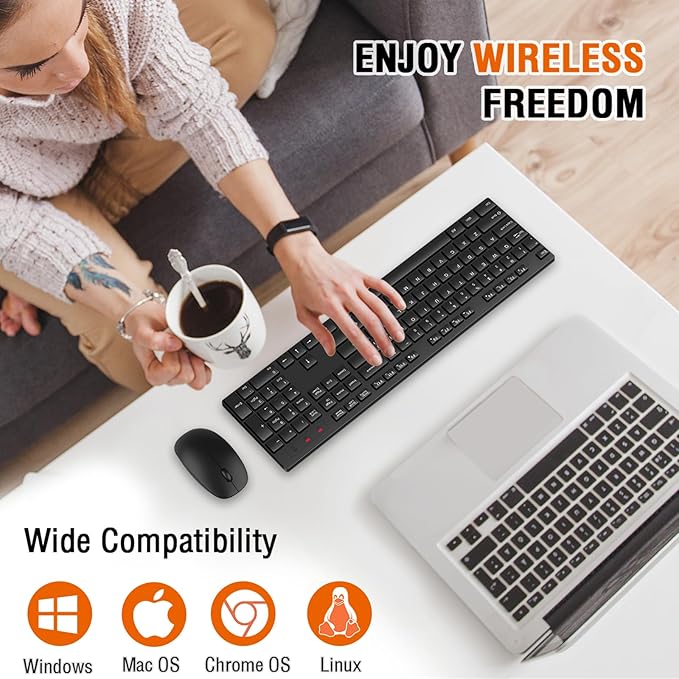 Wireless Keyboard and Mouse Combo, EDJO Silent Full Size Cordless USB Keyboard Mouse, 2.4GHz Lag-Free, Long Battery Life, for Computer, Laptop, PC, Chromebook, Windows (Black, 2 Pack)