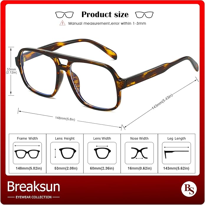 Oversized Square Aviator Glasses for Women Men Big Frame Retro Blue Light Blocking Glasses Vintage Style