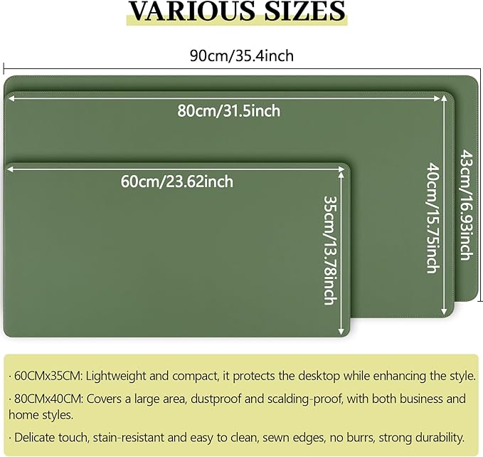 Olive Green Leather Desk Mat Large Mouse Pad, Waterproof Desk Pad for Keyboard and Mouse, Non-Slip Computer Desk Protector, Smooth Mouse Movement Desk Mat for Home and Office(31.5"×15.7")