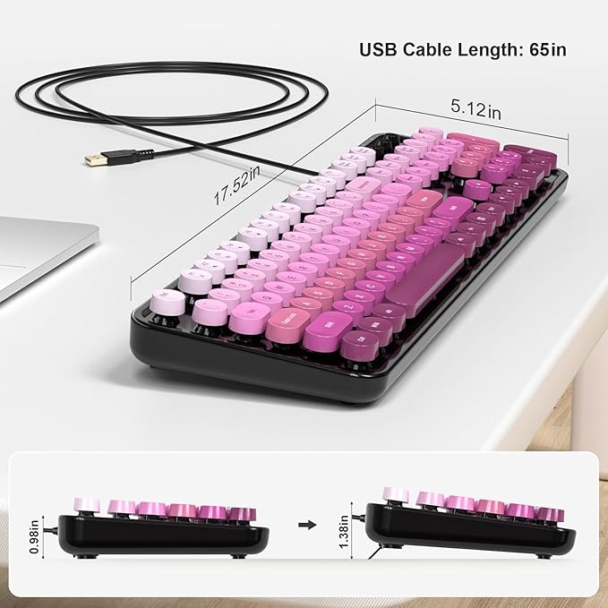 Dliter Wired Keyboard, 104 Keys Full Size Typewriter Keyboards, USB Plug and Play Office Keyboard with Number Pad, Caps Indicators, Foldable Stands for Windows, PC, Laptop (Black Pink)
