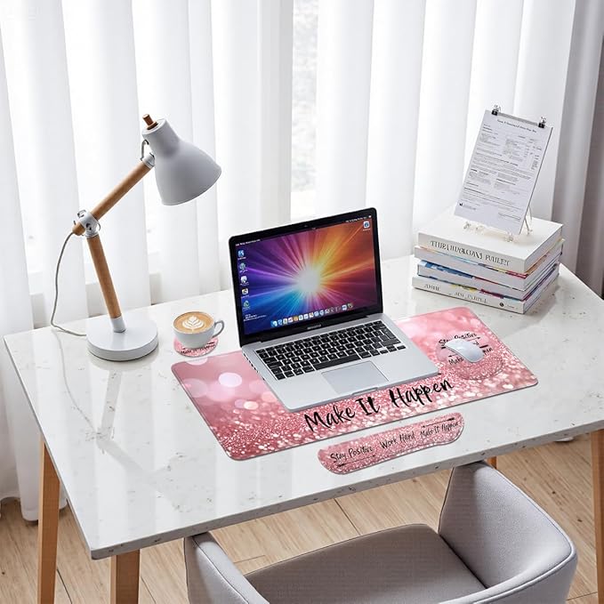 Motivational Quote Mouse Pad Set Stay Positive Work Hard Pink Gaming Mousepad 4in1 Desk Mat for Desktop Wrist Support Cup Coaster Set Ergonomic Computer Desk Arm Wrist for Decor Home Office