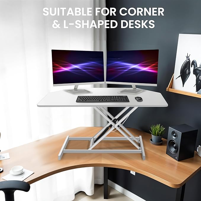 Aconcept 32 inch White Corner Height Adjustable Standing Desk Converter, One-Click Sit to Stand up Desk Riser, Pre-Assembled Dual Monitor and Laptop Workstation
