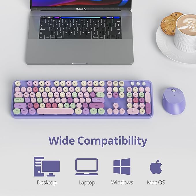 Purple Keyboard and Mouse Combo Wireless, 2.4G Full Size 104-Key Retro Typewriter Keyboards Round Keys for Students Teenagers Home Office PC Laptop(Colorful Purple)