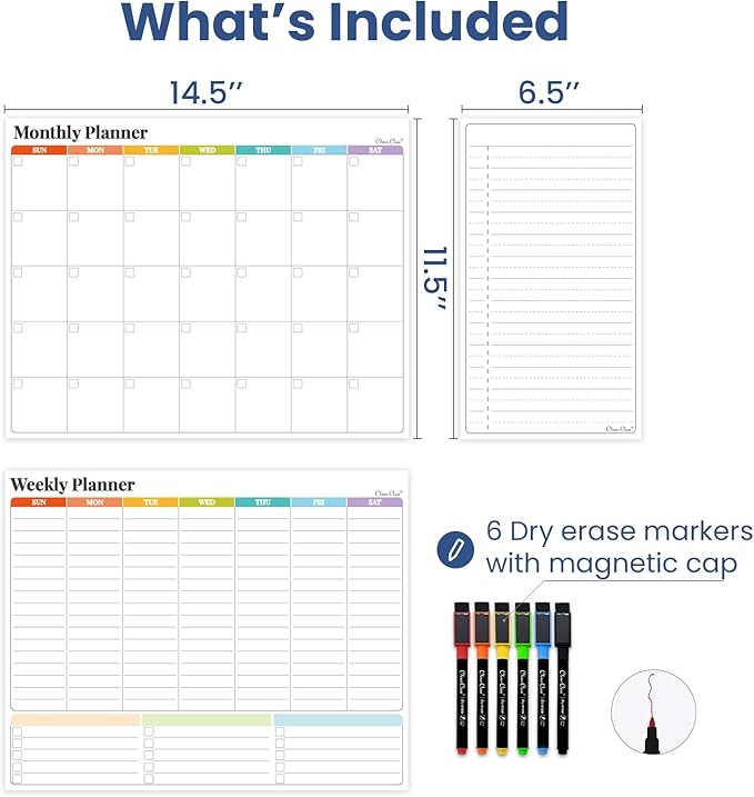 Non-Magnetic Dry Erase Calendar Set for Fridge - 14.5“x11.5 Reusable Monthly and Weekly Calendar - 6.5"x11.5" List Board Sticks to Most Smooth Surfaces - 6 Dry Erase Markers Included