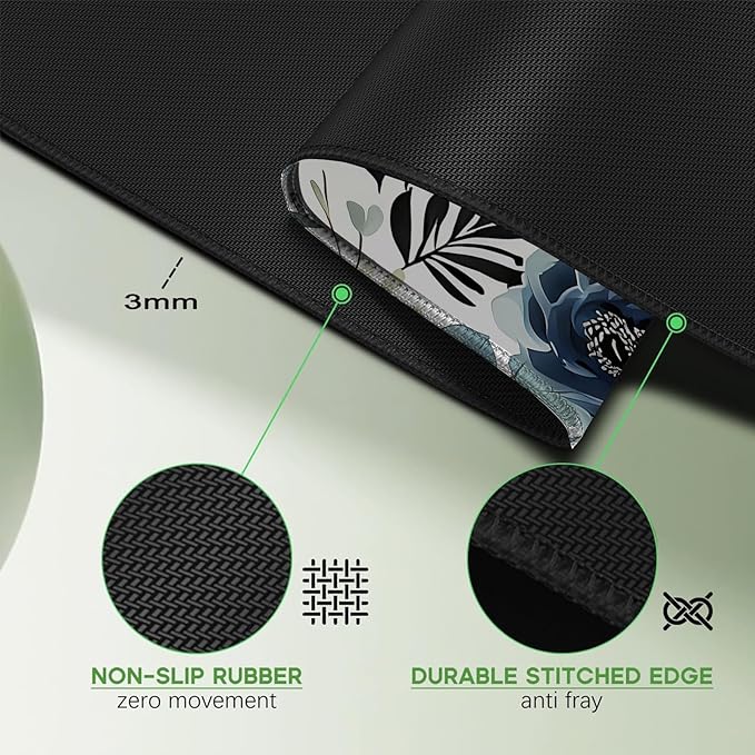 Blue Floral Peony Mouse Pad 31.5x11.8 Inch, Large White Flowers Desk Mat with Non-Slip Base, Micro-Woven Fabric, Stitched Edges for Office Computer