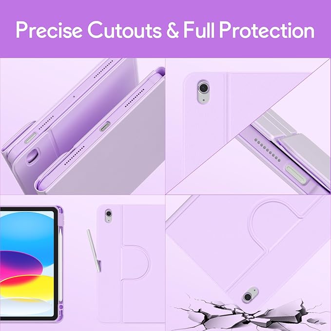 YBING Keyboard Case for iPad 10th Gen 10.9 inch(2022) & 11th Gen(A16, 2025), 7-Color Backlit Detachable Keypad & Rotatable Magnetic Case with Pencil Holder (Purple)