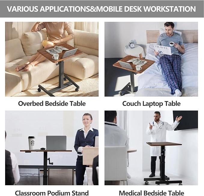 Mobile Standing Desk,Height Adjustable Overbed Bedside Table with Wheels&Cup Holder,Hand Crank Sit Stand Desk and Laptop Cart,Computer Workstation for Home Office Classroom Hospital (Manual Walnut)