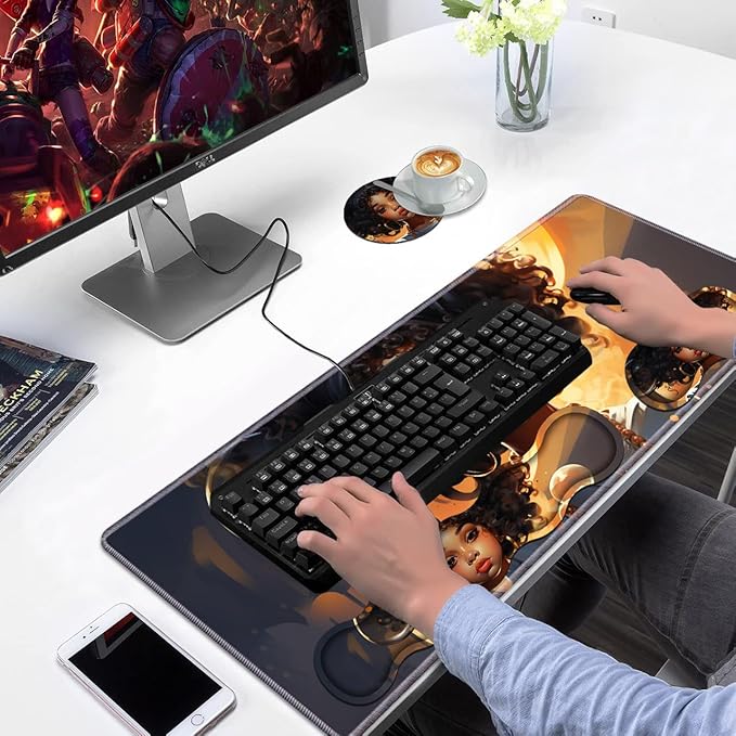 Ergonomic Keyboard Wrist Rest & Mouse Pad Wrist Rest Set, Large XXL Gaming Desk Mat 31.5"x 11.8" with Non-Slip Base, Memory Foam, Easy Typing Pain Relief for Home & Office - African American Girl