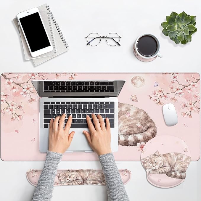 Arttown Cat Pink Floral Desk Mat Kawaii Mouse Pad Set 4 in 1 Ergonomic Design Large Mouse Pad + Keyboard Wrist Rest + Mouse Wrist Rest + Coaster Suitable for Home Office Study Game