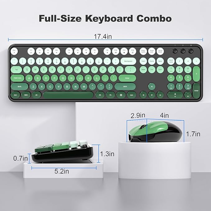 Wireless Keyboard and Mouse Combo, MOWUX Full Size Typewriter Retro Round Computer Keyboard, Cute Optical Mouse Wireless, Plug and Play, for Laptop, PC, Computer-Green Gradient Colorful