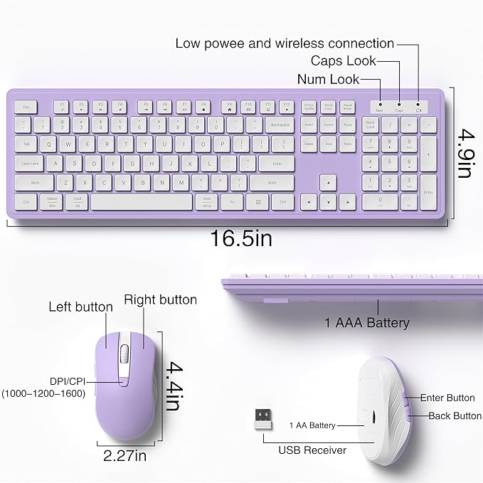 Wireless Keyboard and Mouse Combo, Full-Size 104-Key Office Keyboard with 15 Function Keys, Numeric Keypad, Single USB Receiver, Compatible with PC and Laptop(Purple White)