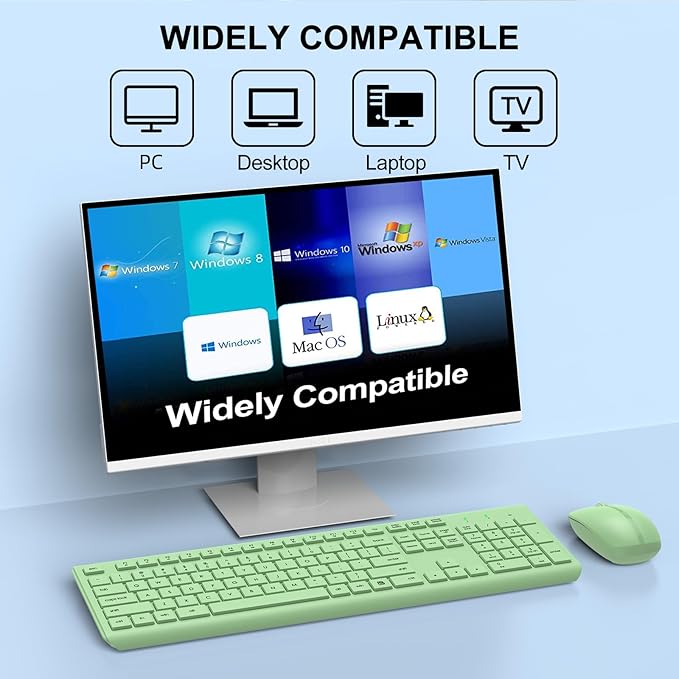 Wireless Keyboard and Mouse Combo, Full-Size Silent Ergonomic Keyboard and Optical Mouse, Long Battery Life, 2.4G Lag-Free Mice Keyboard for Computer,Mac,Laptop,PC,Windows(Avocado Green)
