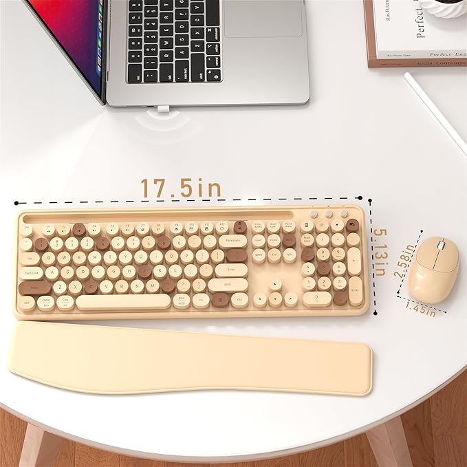 Colorful Wireless Computer Keyboard and Mouse Combo with Phone Holder, Wrist Rest, Typewriter Keys, 2.4GHz Wireless, Full-Sized Optical Mouse for PC and Laptop (Milk Tea)