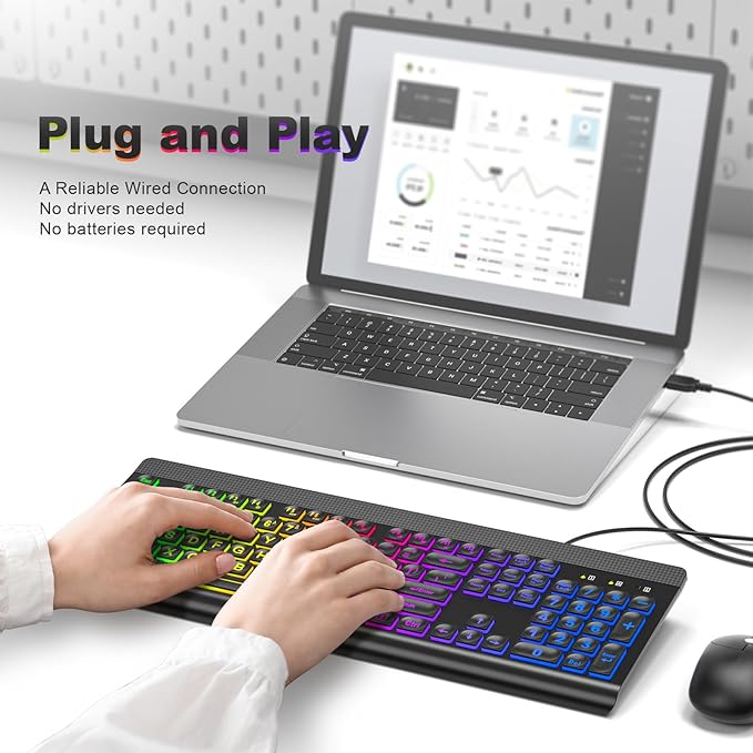 Large Print Backlit Keyboard, Multiple Color Rainbow LED Backlit Large Size USB Wired Computer Keyboard, Full Size Multimedia Keyboard for Windows Desktop, Laptop, PC