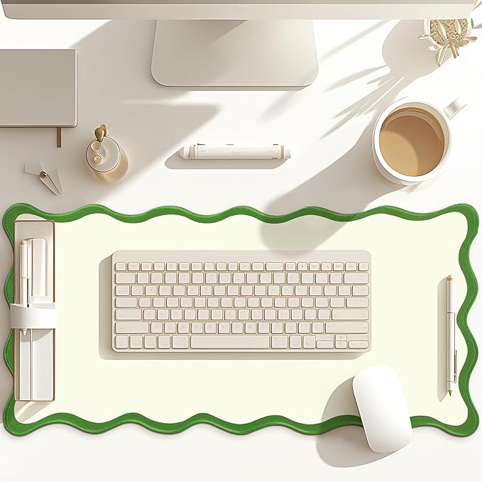 Scalloped Desk Mat Large Scalloped Piping Cute Desk Mat Aesthetic Preppy Table Pad Large Nonslip Pad with Edge Stitching Waterproof Gaming(Green,31.5 x 15.75 Inches)