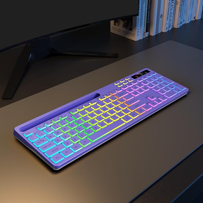 Wireless Keyboard with 7-Color RGB Backlit, Full-Size Computer Keyboard with Phone Tablet Holder, 2.4G Rechargeable Gaming Keyboard with Light Up Keys, Compatible with Mac, Windows (Purple)