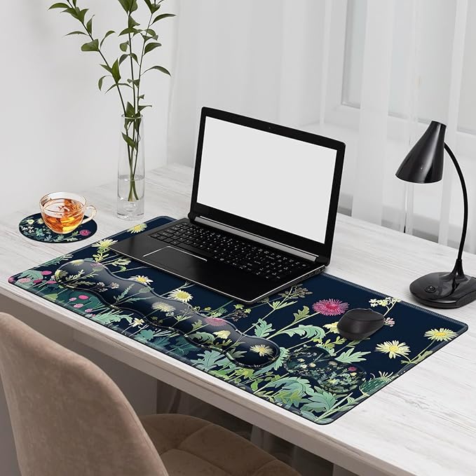 Gaming Mouse Pad Set, Wildflowers Illustration Large Desk Mat Mousepad, Keyboard Wrist Support, Mouse Wrist Rest, Coaster 4in1 Ergonomic Memory Foam, Non-Slip Stitched Edge for Home Office